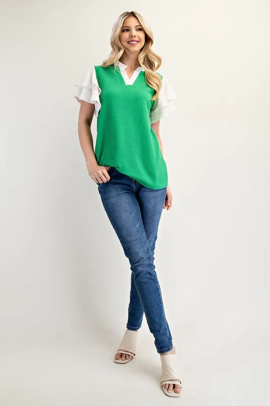 Celeste Full Size Solid Color Top with Ruffle Layered Sleeves Plus Size - Image 6