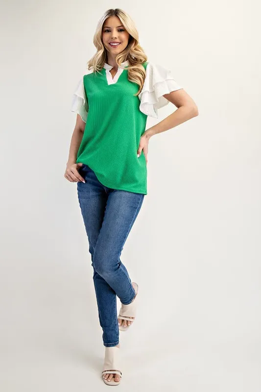 Celeste Full Size Solid Color Top with Ruffle Layered Sleeves Plus Size - Image 7