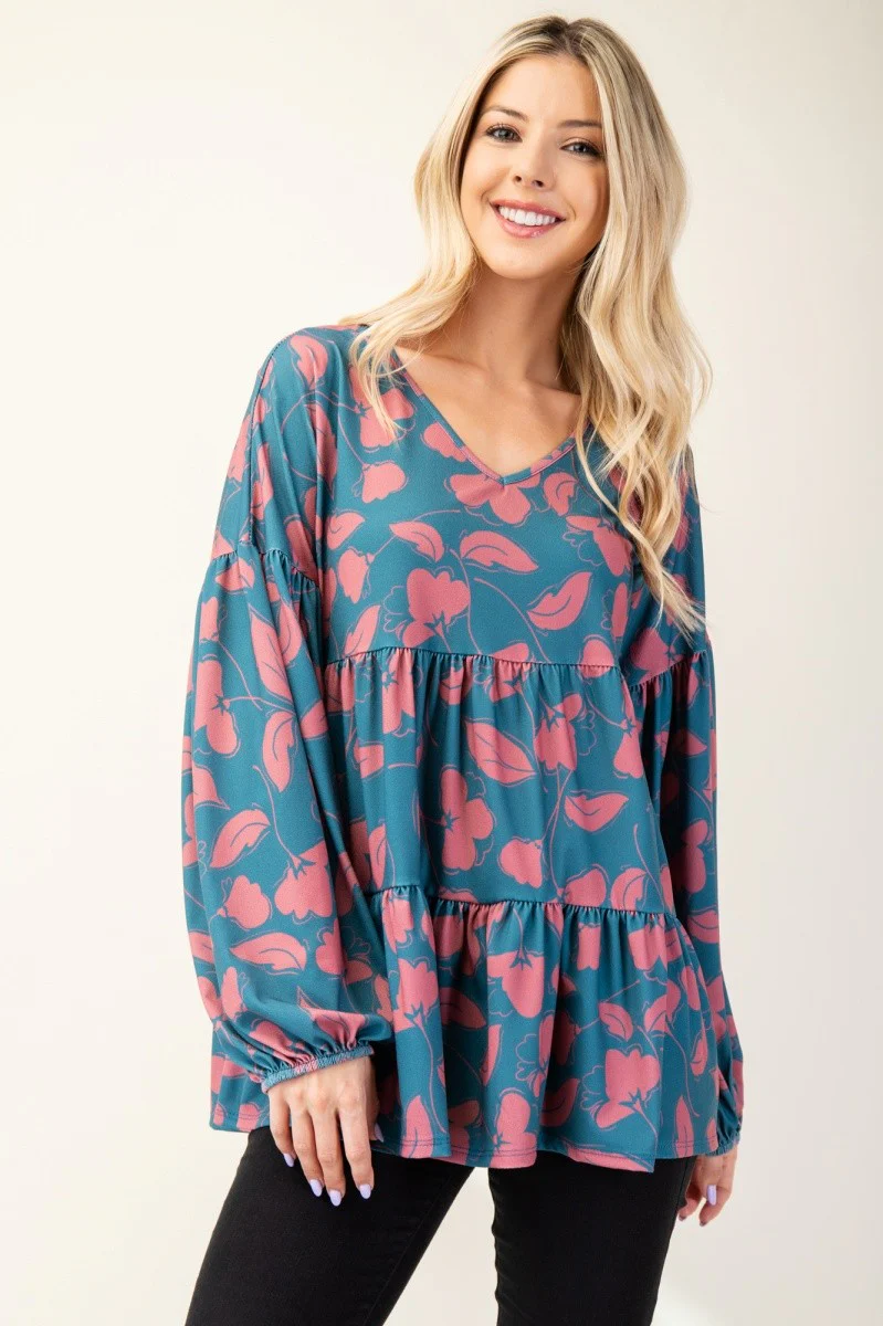 Celeste Full Size Tiered Floral V-Neck Long Sleeve Blouse - Image 3