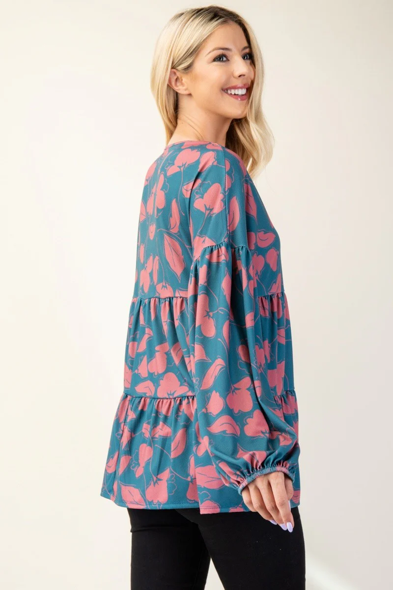 Celeste Full Size Tiered Floral V-Neck Long Sleeve Blouse - Image 4