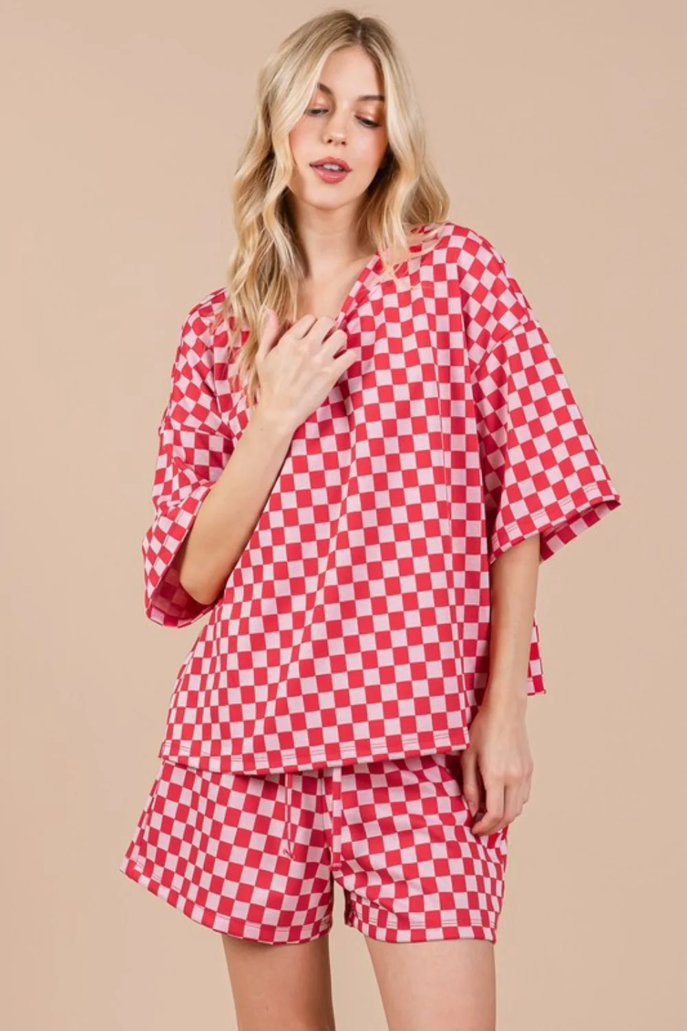 Ces Femme Checkered Round Neck Top and Shorts Set - Image 2