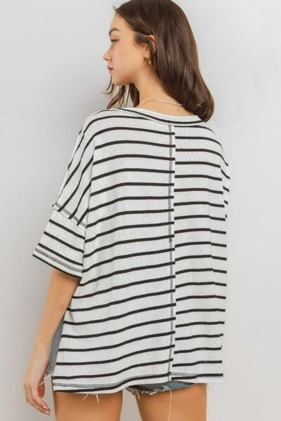 Ces Femme Side Slit Striped Round Neck Half Sleeve T-Shirt - Image 2