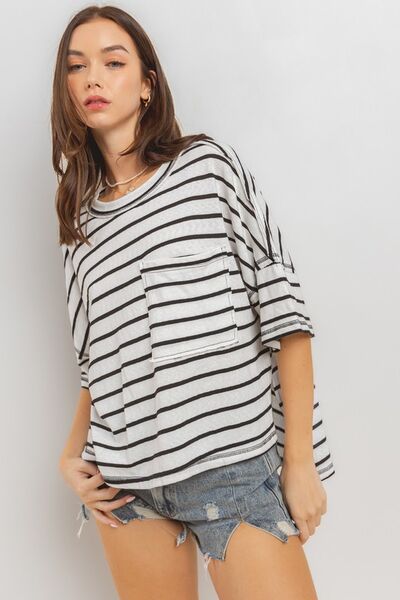 Ces Femme Side Slit Striped Round Neck Half Sleeve T-Shirt - Image 4