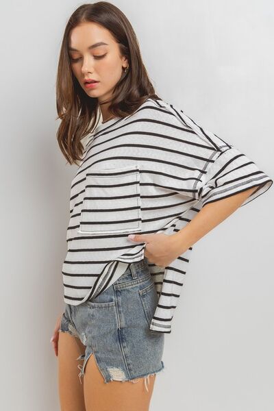 Ces Femme Side Slit Striped Round Neck Half Sleeve T-Shirt - Image 5