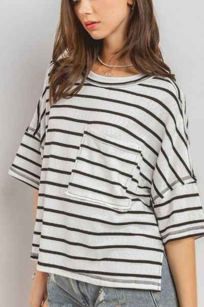 Ces Femme Side Slit Striped Round Neck Half Sleeve T-Shirt - Image 6