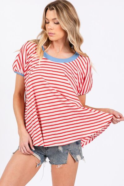 Ces Femme Striped Round Neck Short Sleeve T-Shirt - Image 3