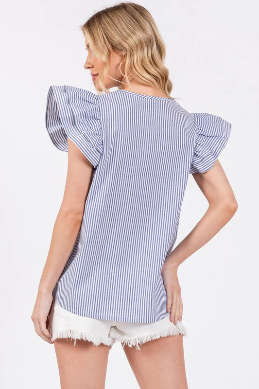 Ces Femme Striped V-Neck Ruffled Cap Sleeve Blouse - Image 6
