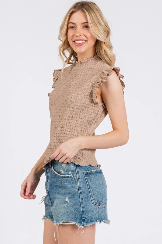 Ces Femme Texture Mock Neck Ruffle Cap Sleeve Blouse - Image 3