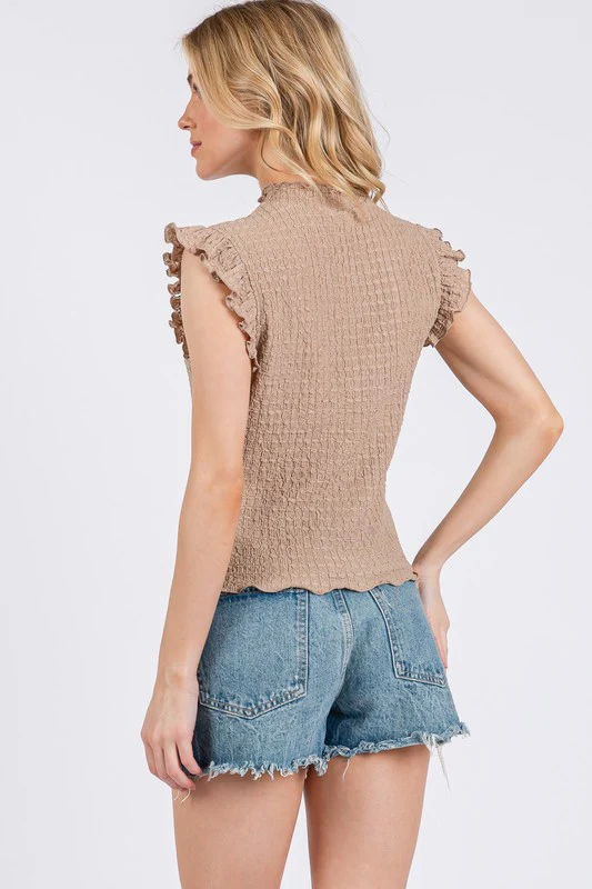 Ces Femme Texture Mock Neck Ruffle Cap Sleeve Blouse - Image 4