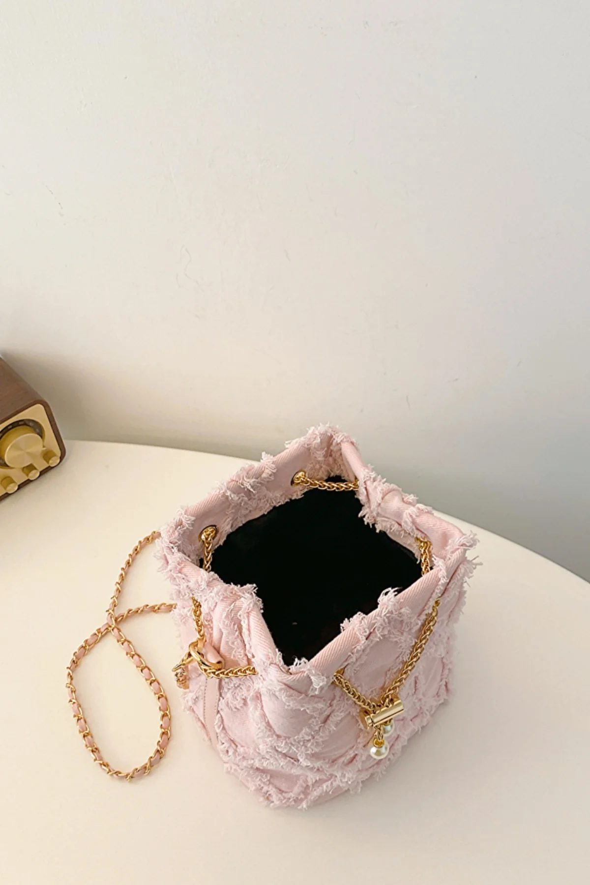 Chain Drawstring Raw Edge Denim Bucket Bag - Image 29