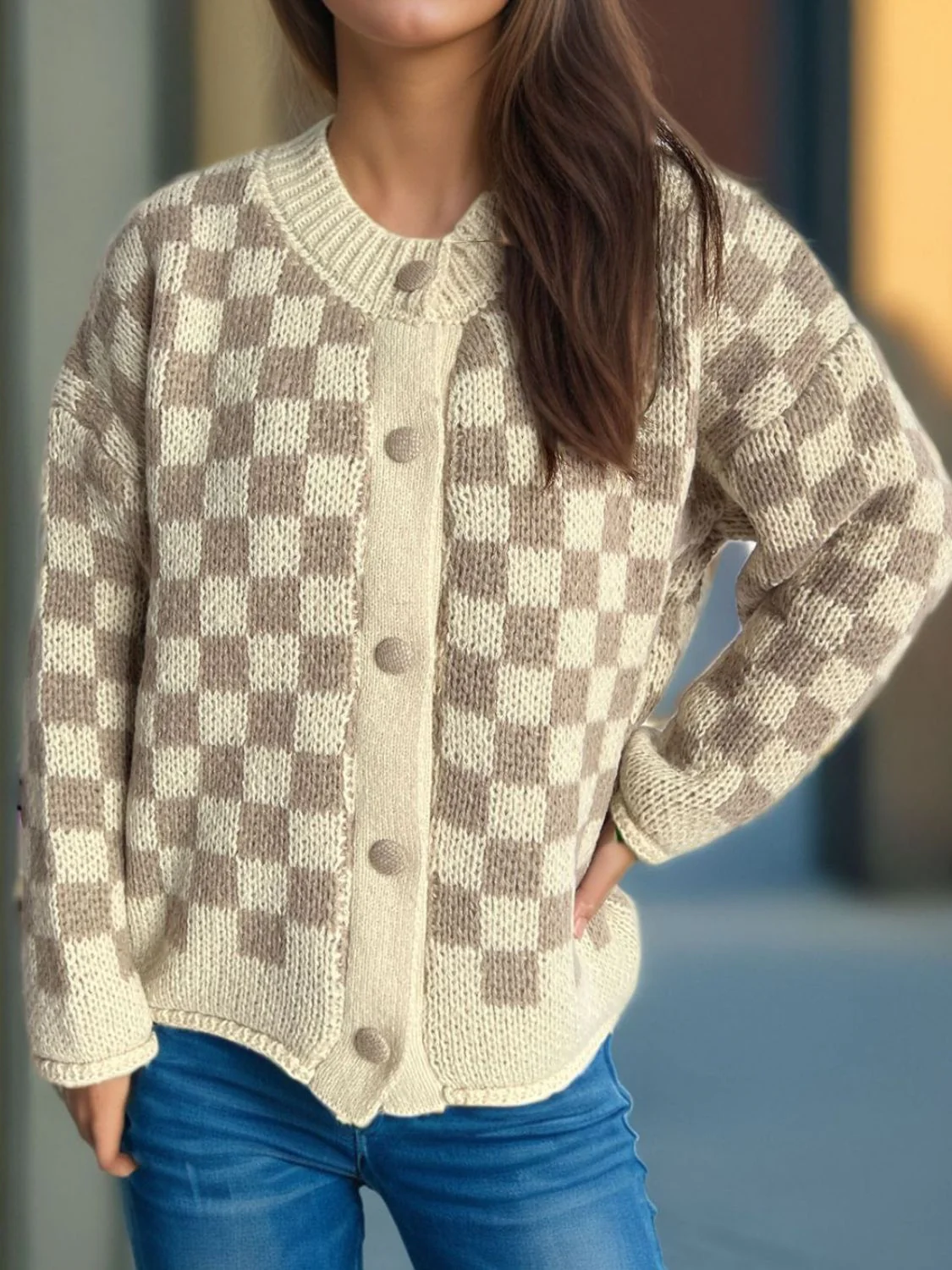 Checkered Button Up Round Neck Cardigan - Image 8