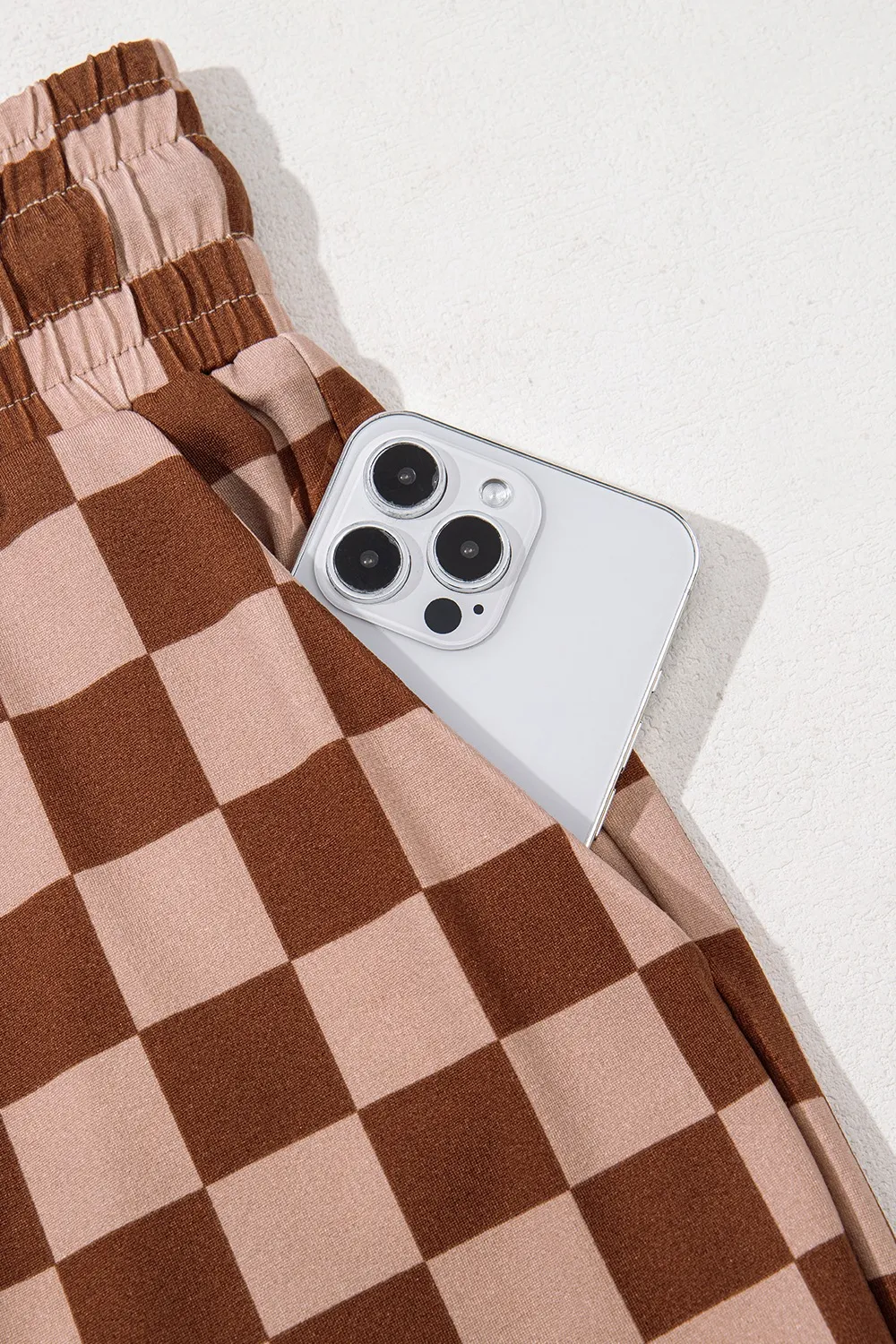 Checkered Elastic High Waist Loose Casual Pants - Image 11
