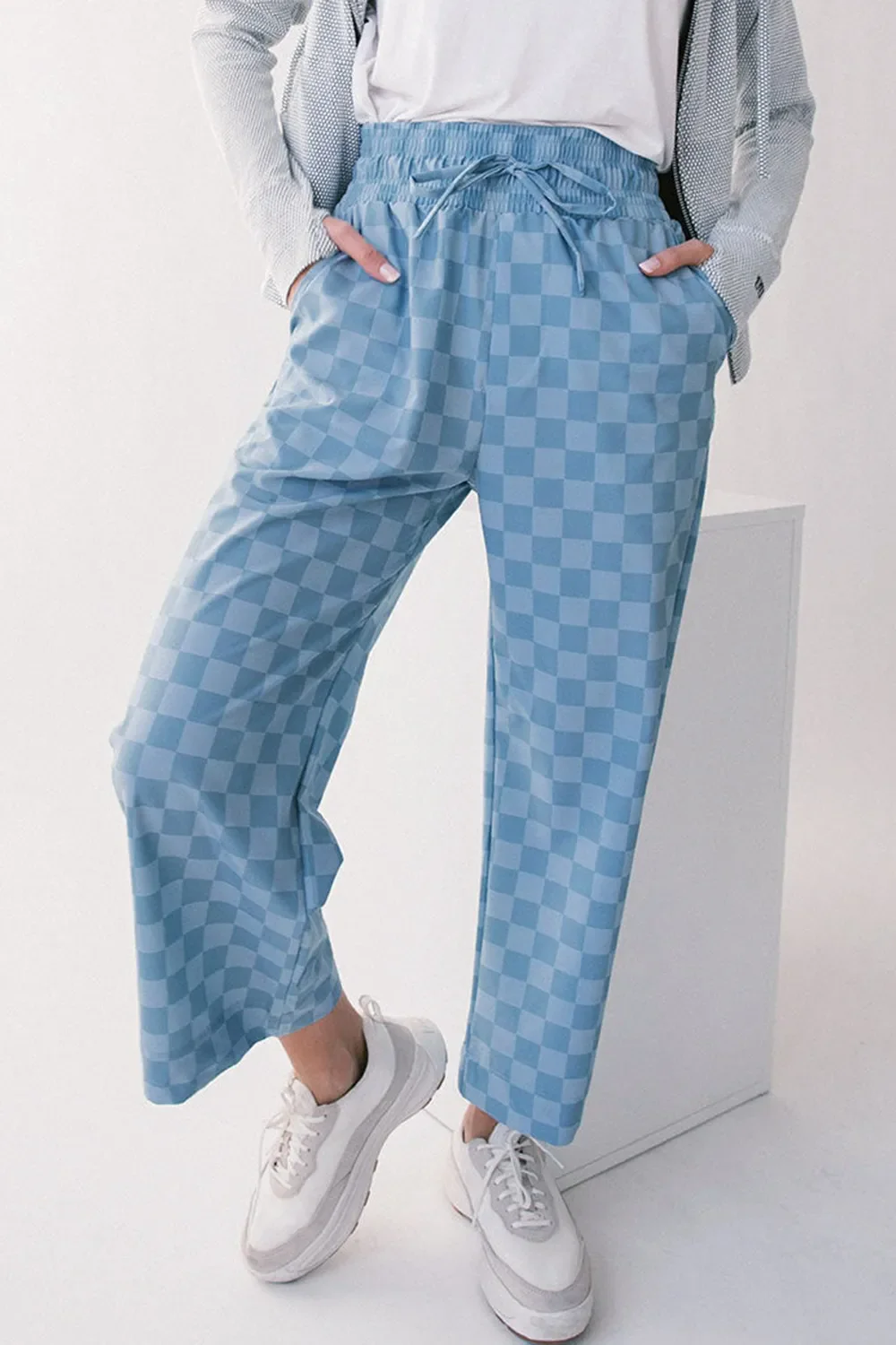 Checkered Elastic High Waist Loose Casual Pants - Image 2