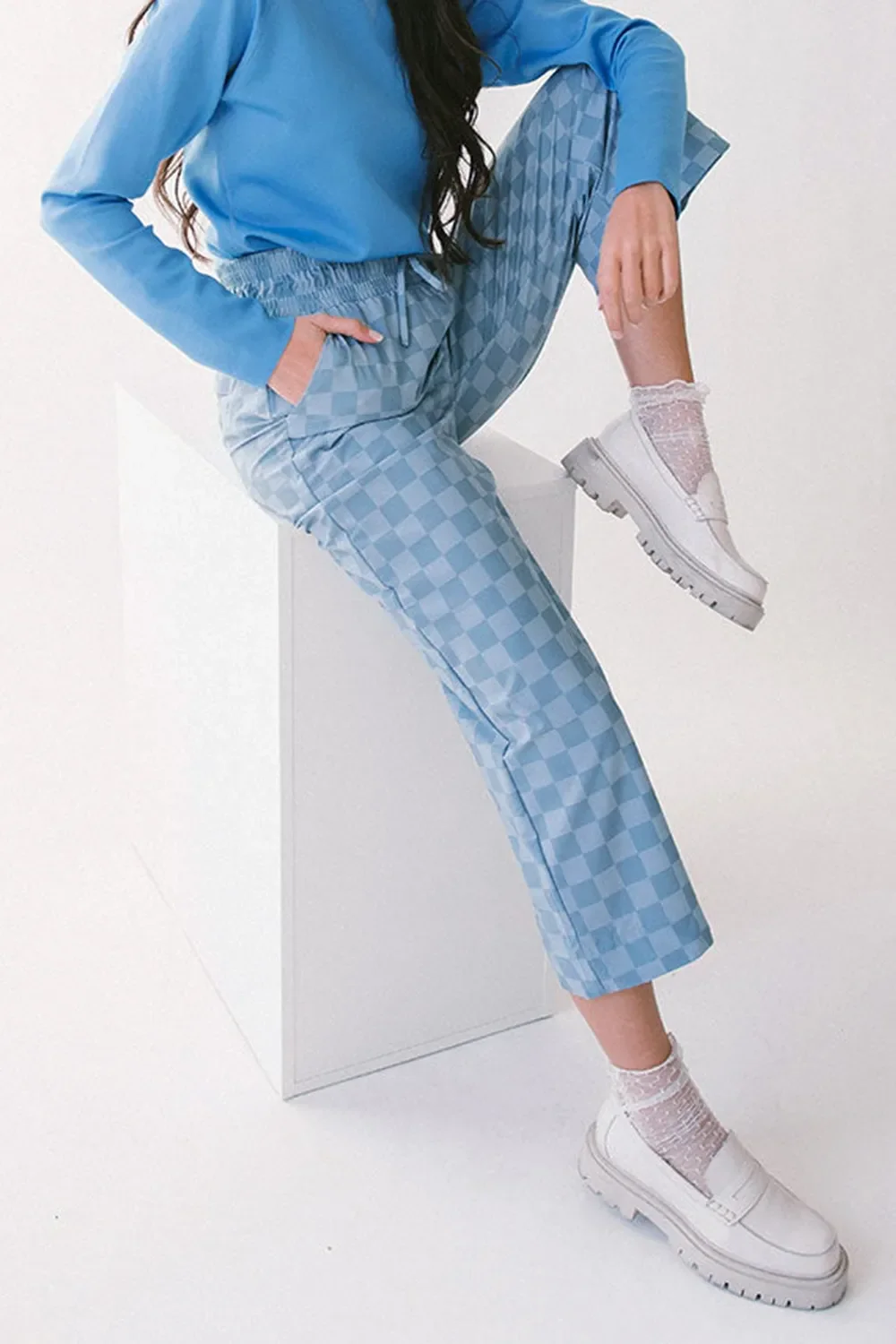 Checkered Elastic High Waist Loose Casual Pants - Image 4