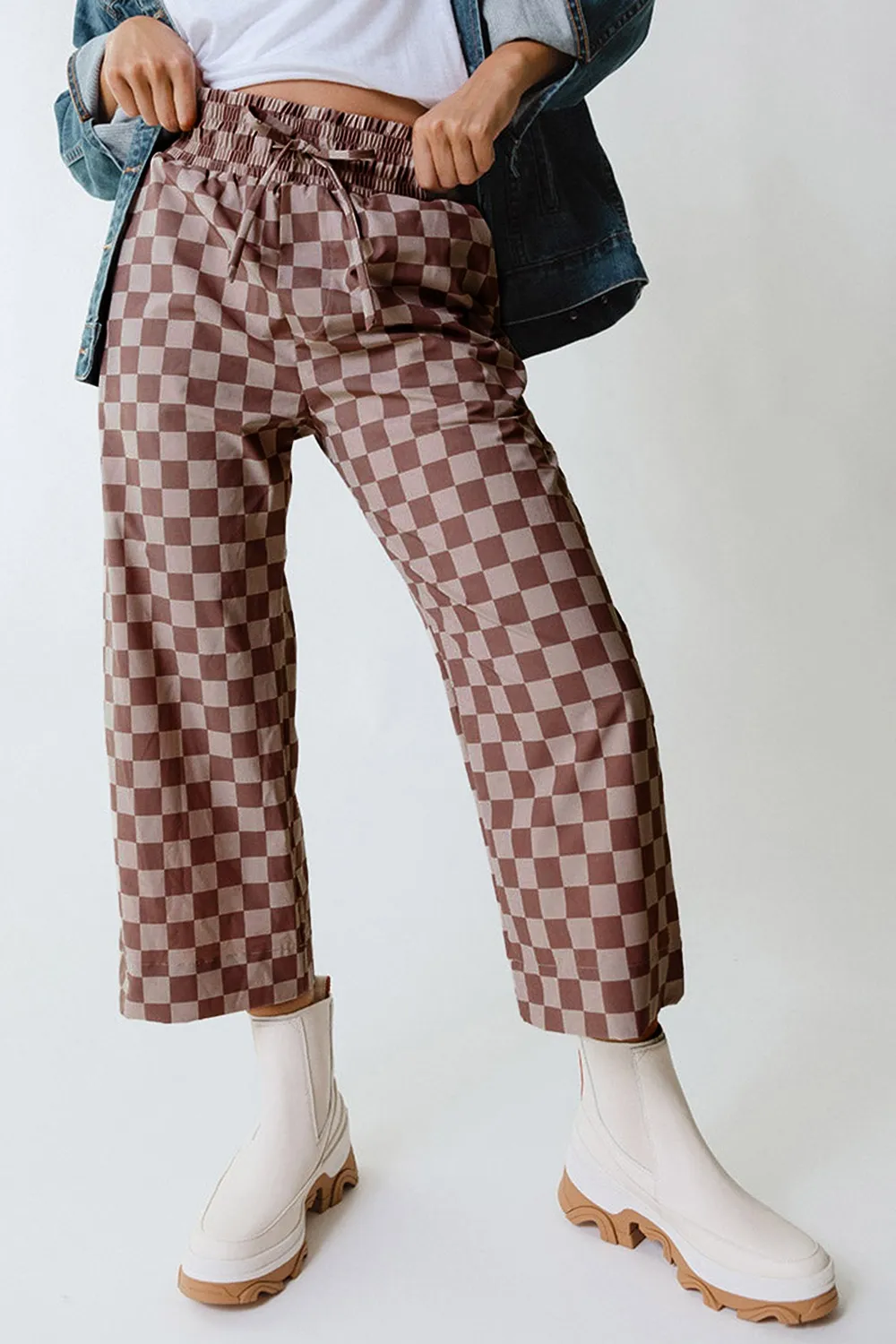 Checkered Elastic High Waist Loose Casual Pants - Image 6