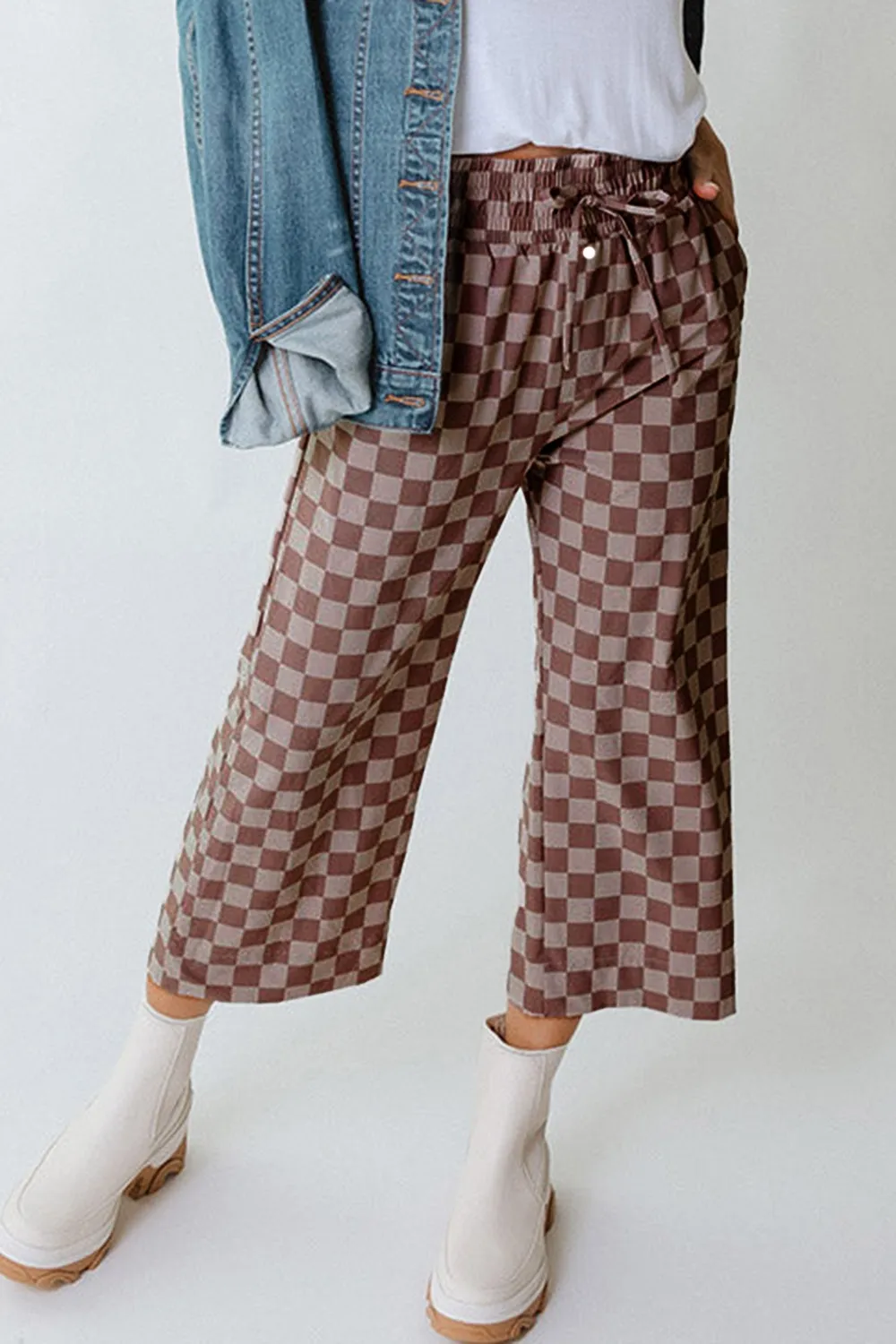 Checkered Elastic High Waist Loose Casual Pants - Image 7