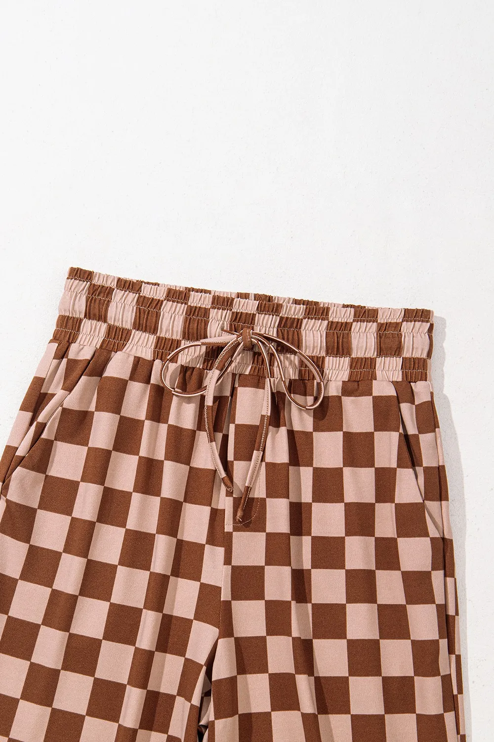 Checkered Elastic High Waist Loose Casual Pants - Image 9