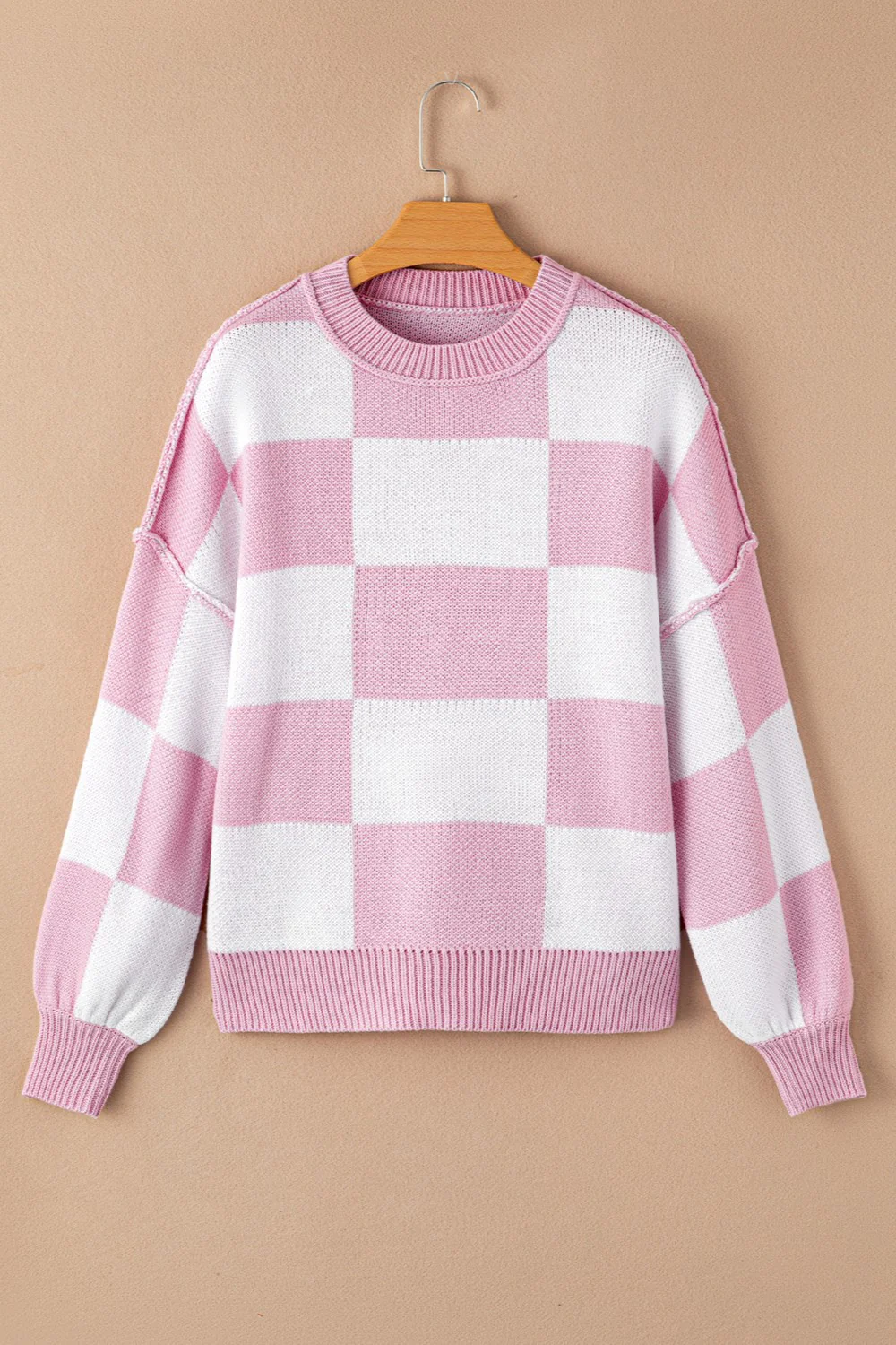 Checkered Exposed Seam Drooped Shoulder Sweater - Image 12