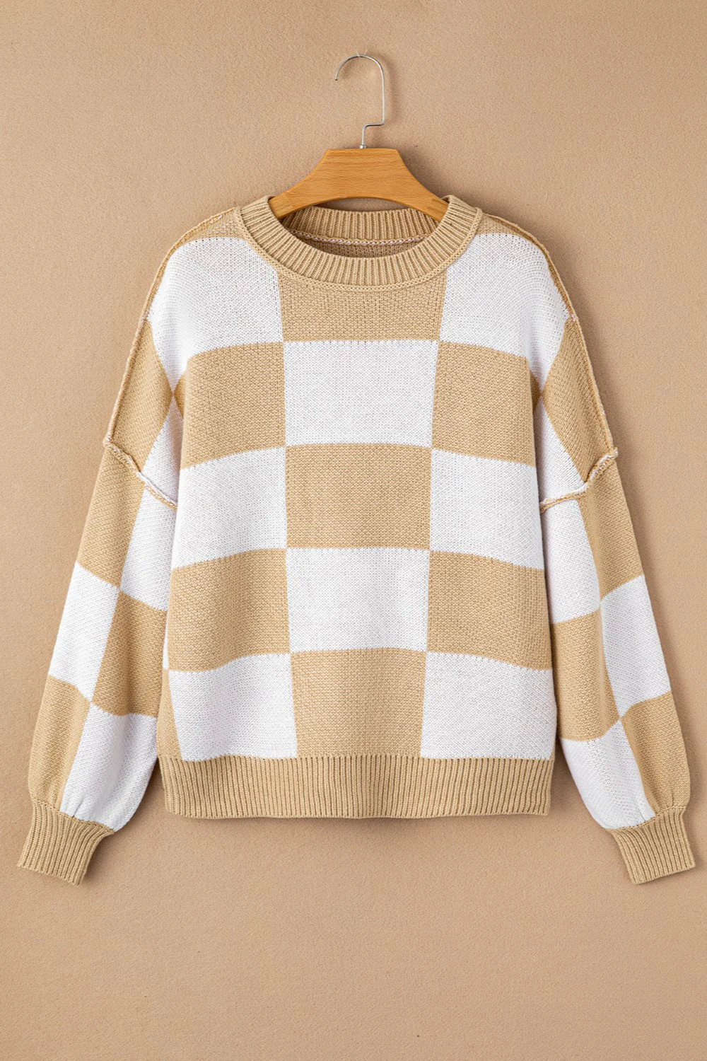 Checkered Exposed Seam Drooped Shoulder Sweater - Image 6