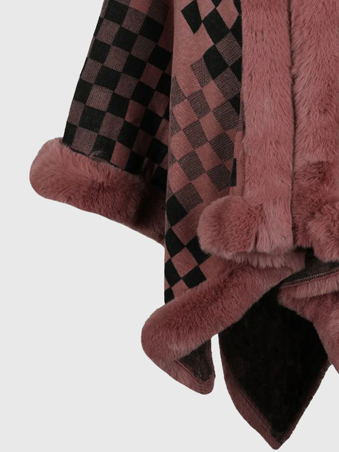 Checkered Faux Fur Trim Poncho - Image 10