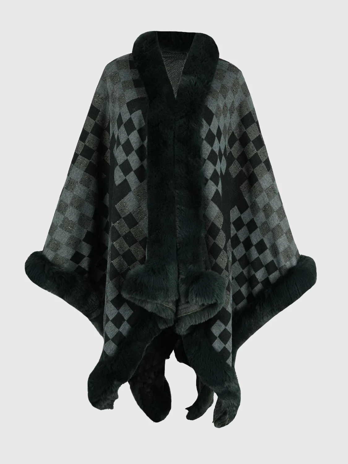 Checkered Faux Fur Trim Poncho - Image 11