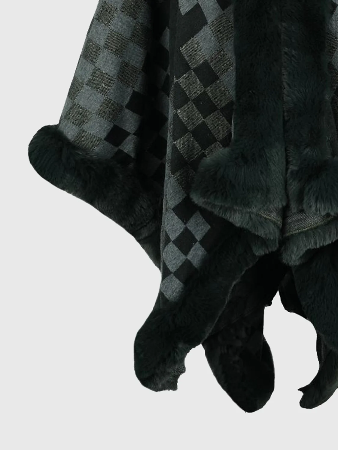 Checkered Faux Fur Trim Poncho - Image 12