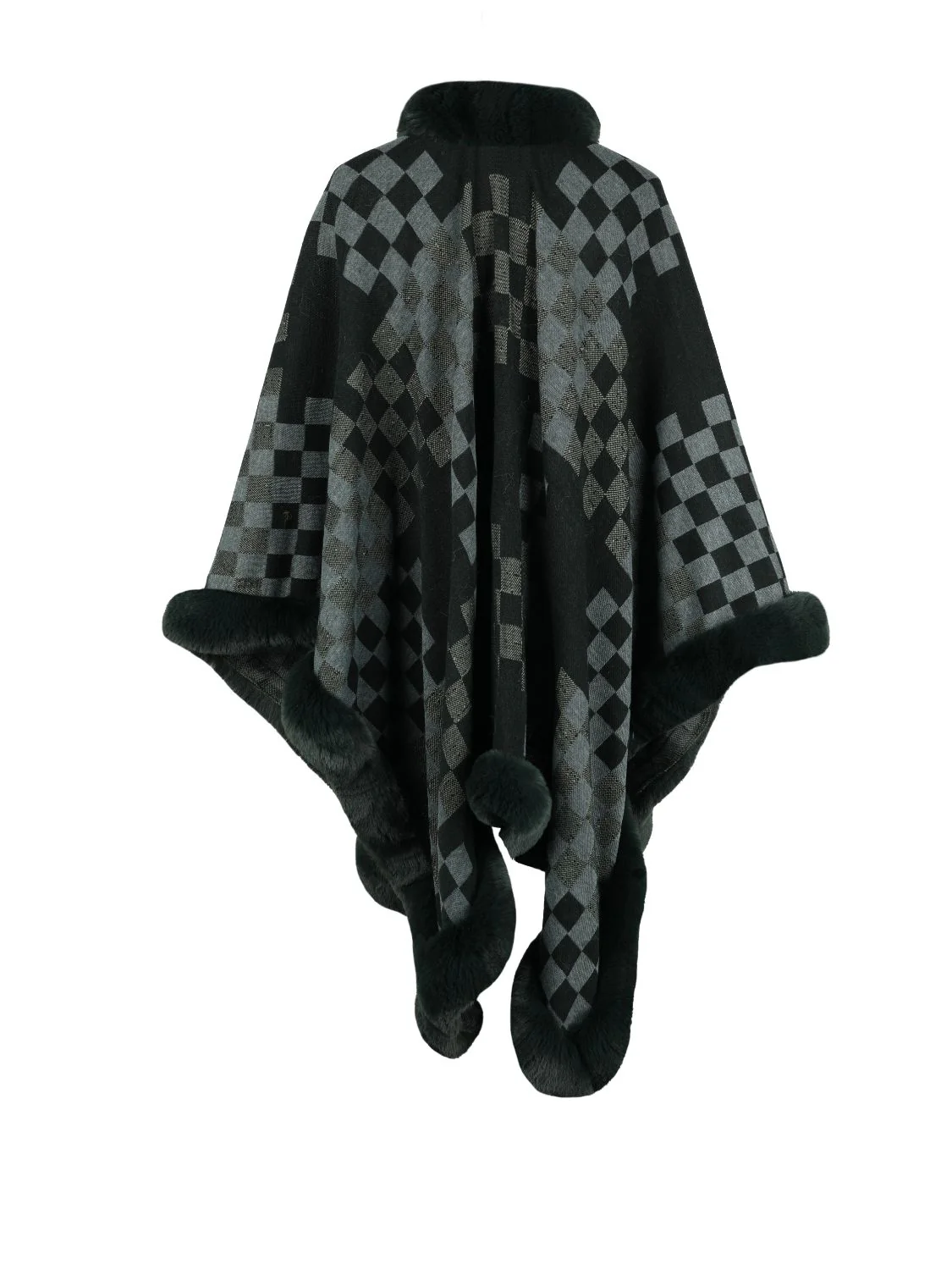 Checkered Faux Fur Trim Poncho - Image 13