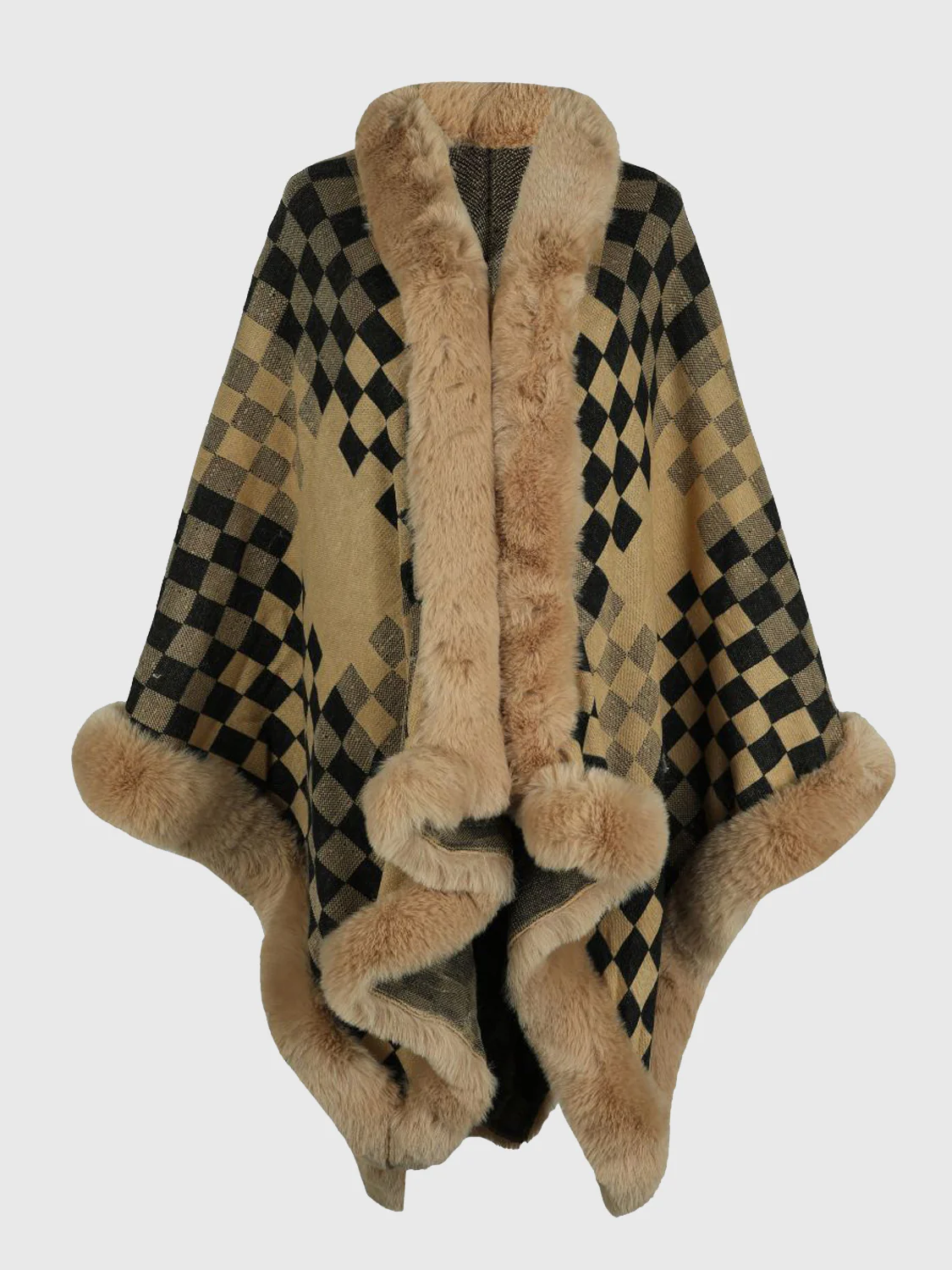 Checkered Faux Fur Trim Poncho - Image 14