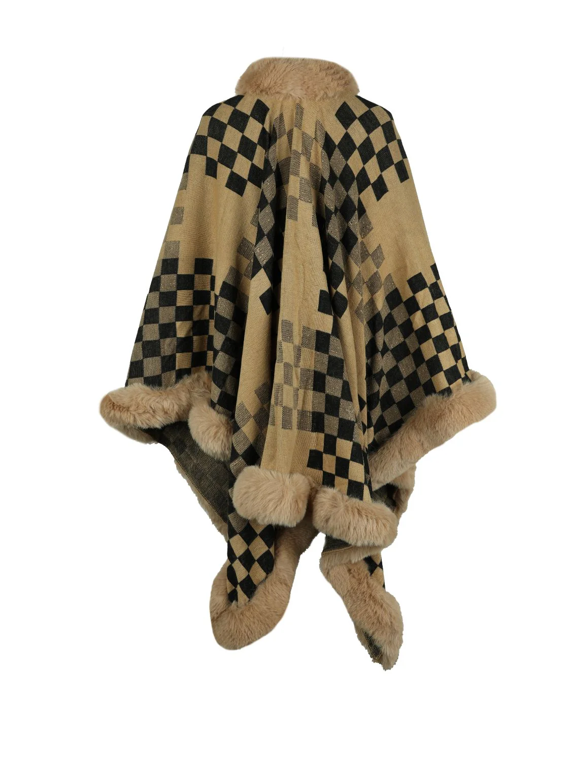 Checkered Faux Fur Trim Poncho - Image 15