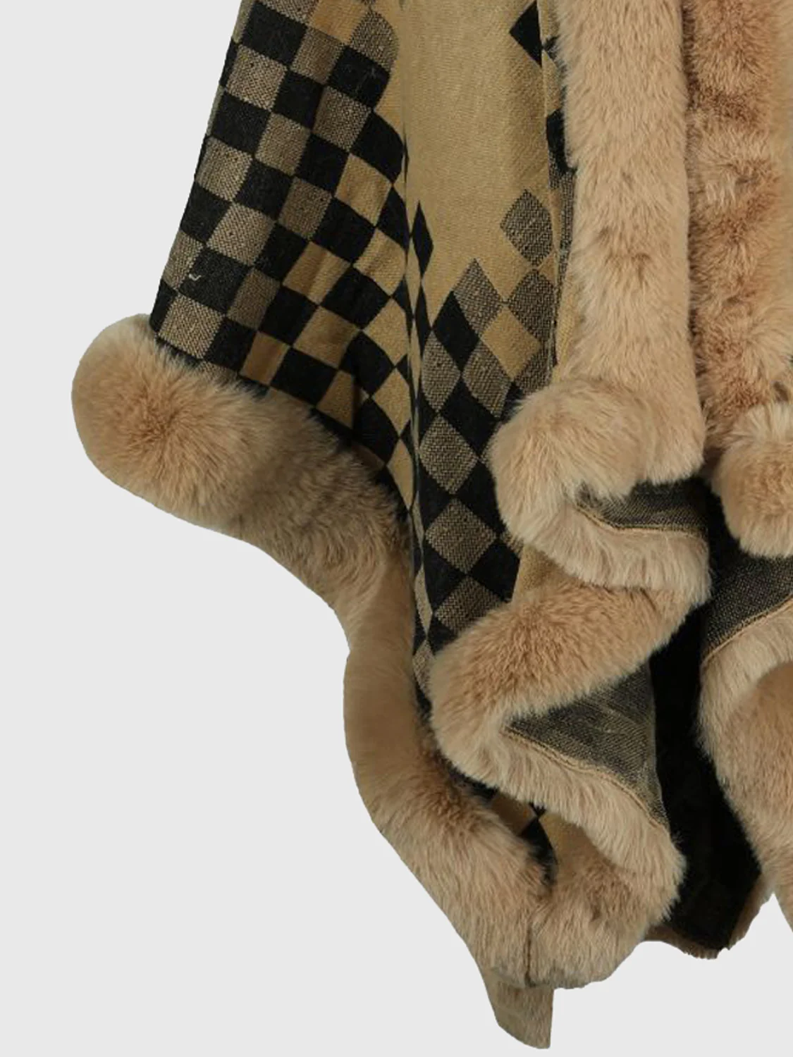 Checkered Faux Fur Trim Poncho - Image 16