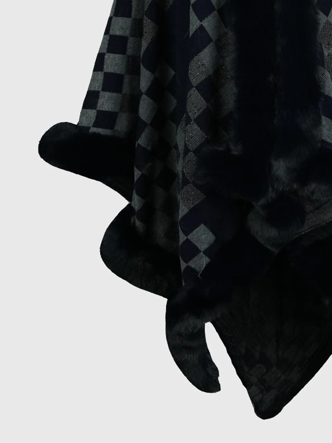 Checkered Faux Fur Trim Poncho - Image 6