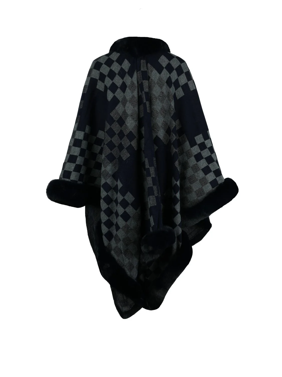Checkered Faux Fur Trim Poncho - Image 7