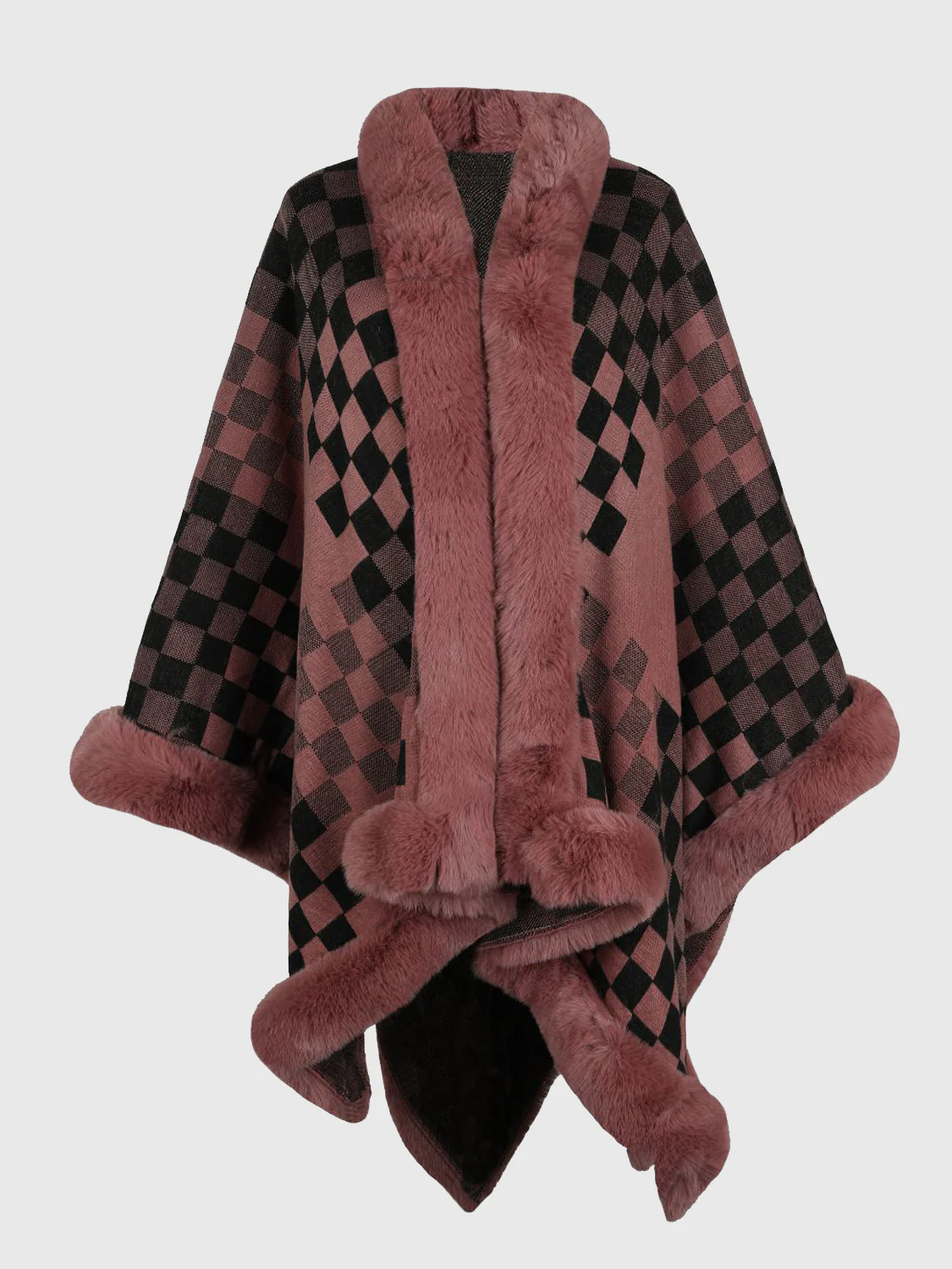 Checkered Faux Fur Trim Poncho - Image 8