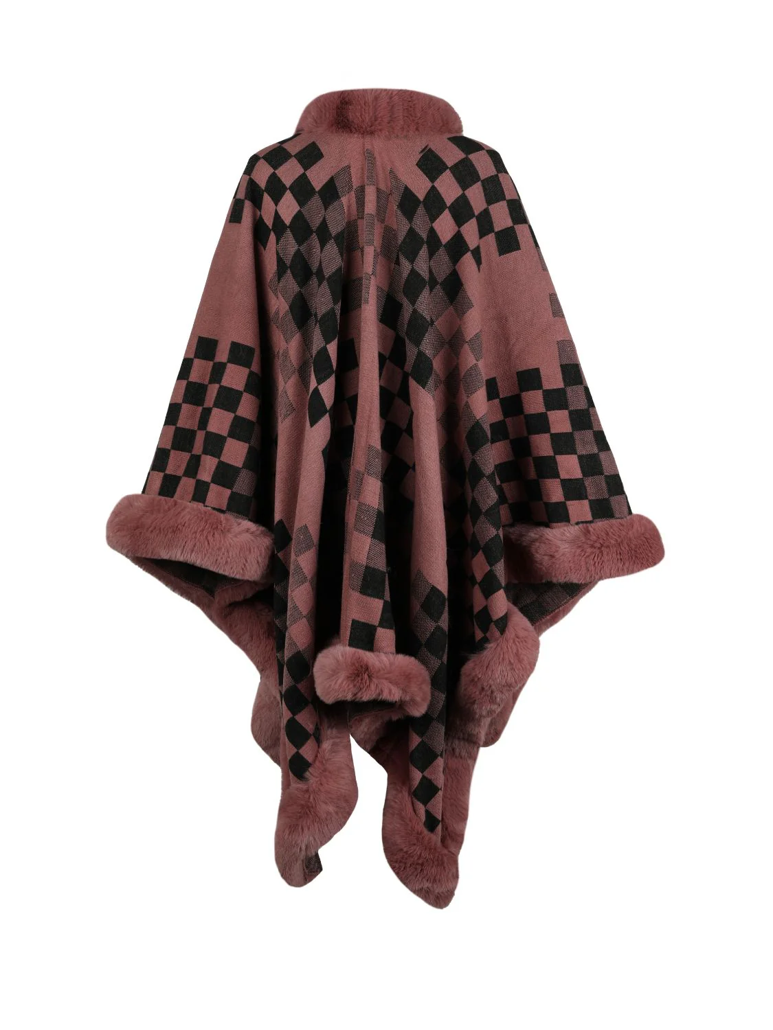 Checkered Faux Fur Trim Poncho - Image 9