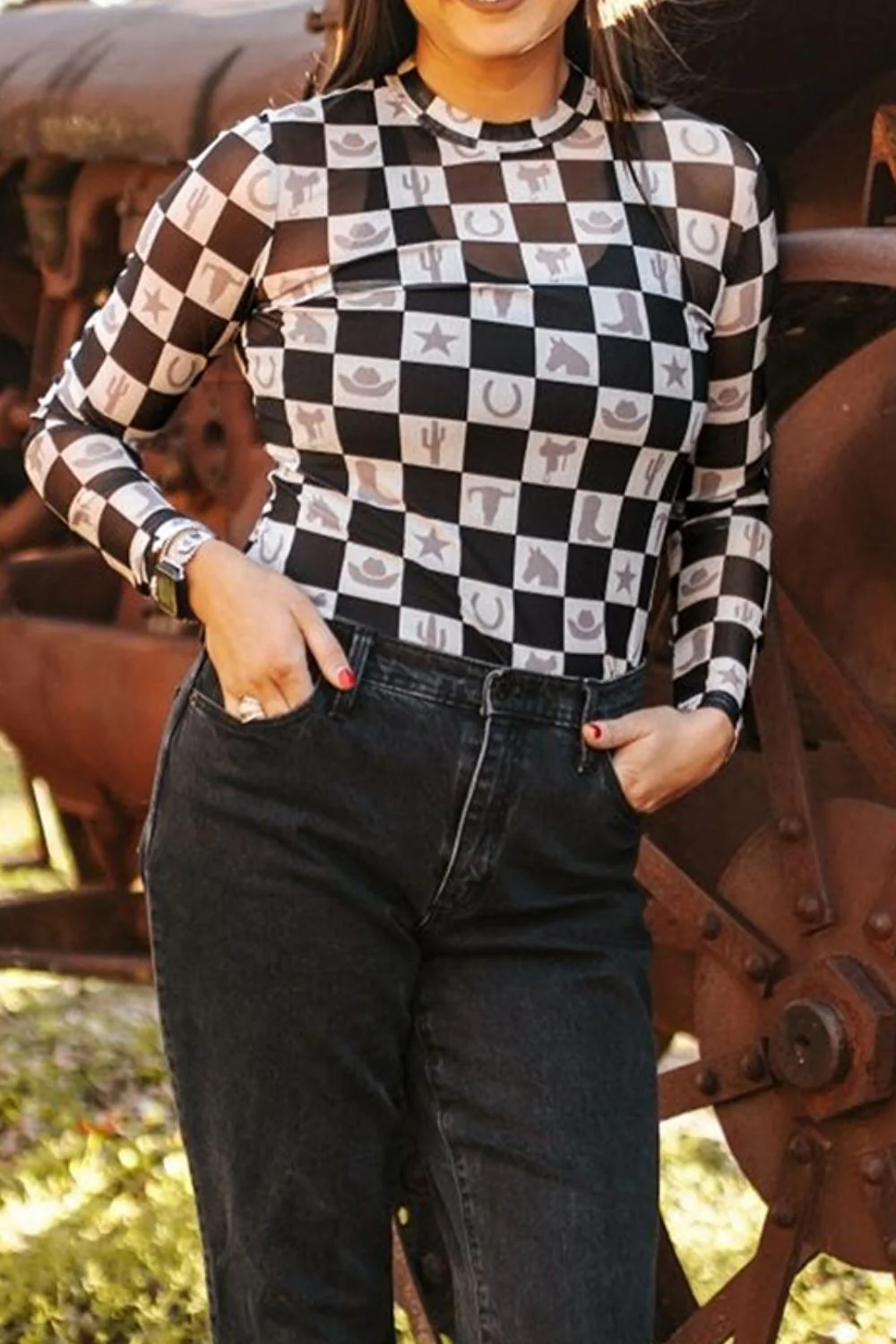 Checkered Mock Neck Long Sleeve Top - Image 3