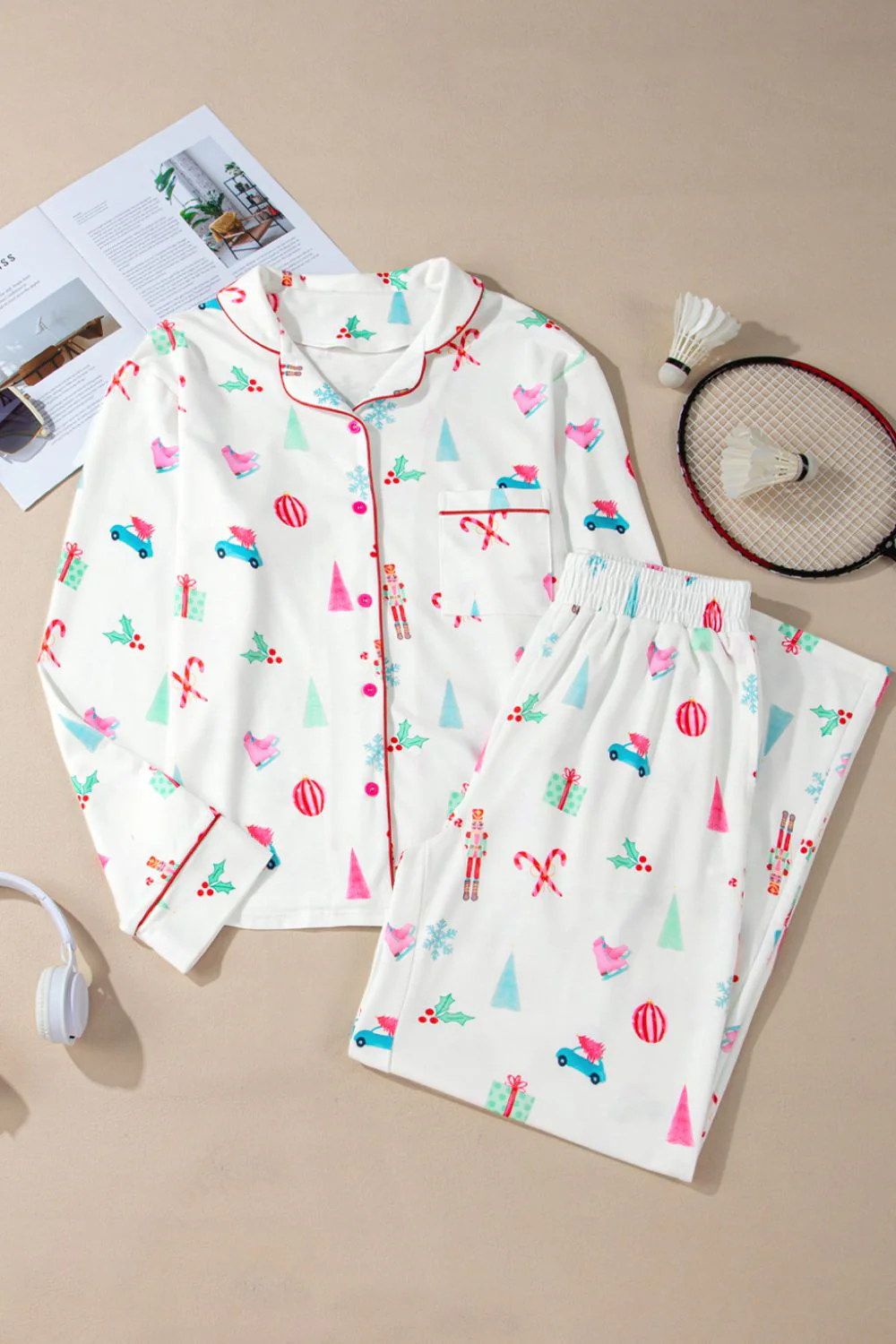 Christmas Printed Collared Neck Top and Pants Lounge Set - Image 9