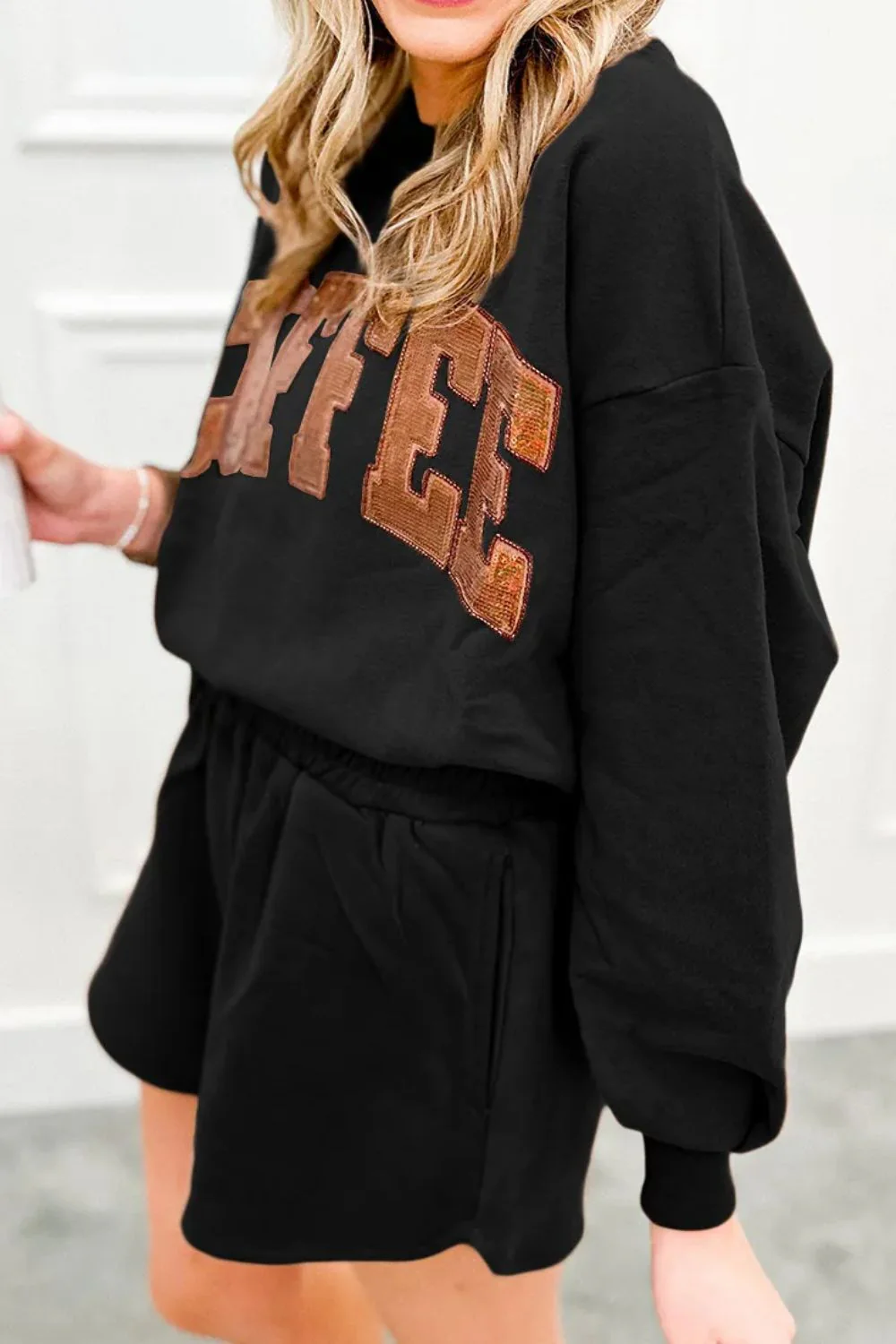 COFFEE Sequin Round Neck Long Sleeve Top and Shorts Set - Image 7