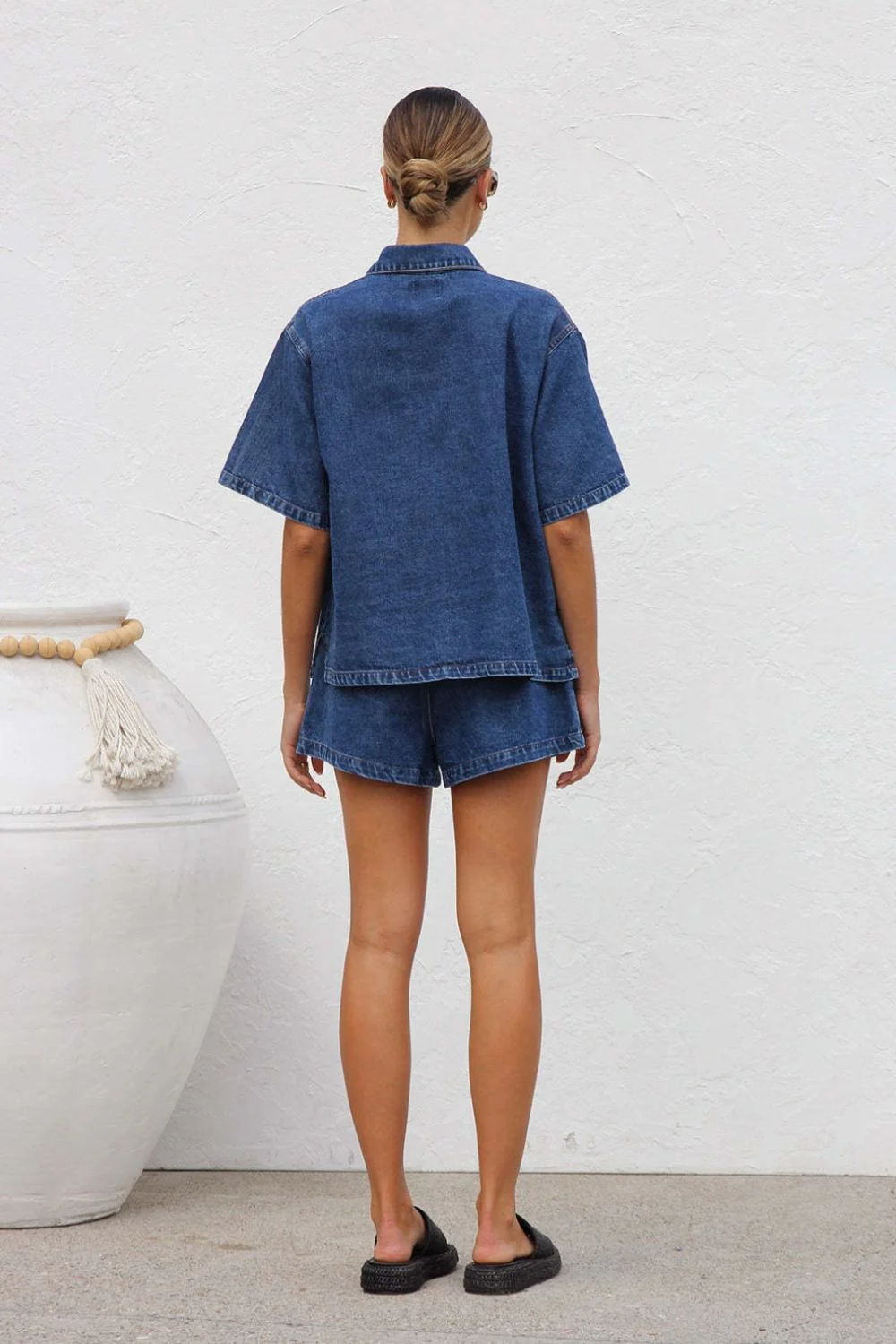 Collared Neck Button Up Top and Shorts Denim Set - Image 5