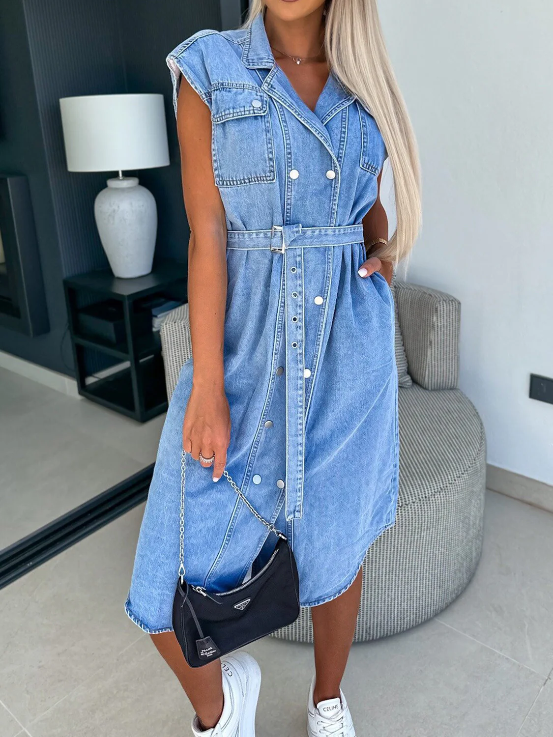 Collared Neck Cap Sleeve Denim Dress - Image 7