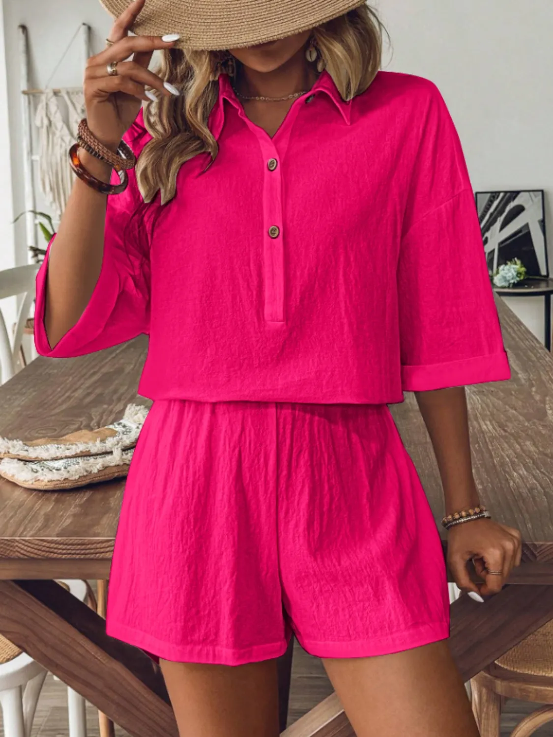 Collared Neck Half Sleeve Top and Shorts Set - Image 9