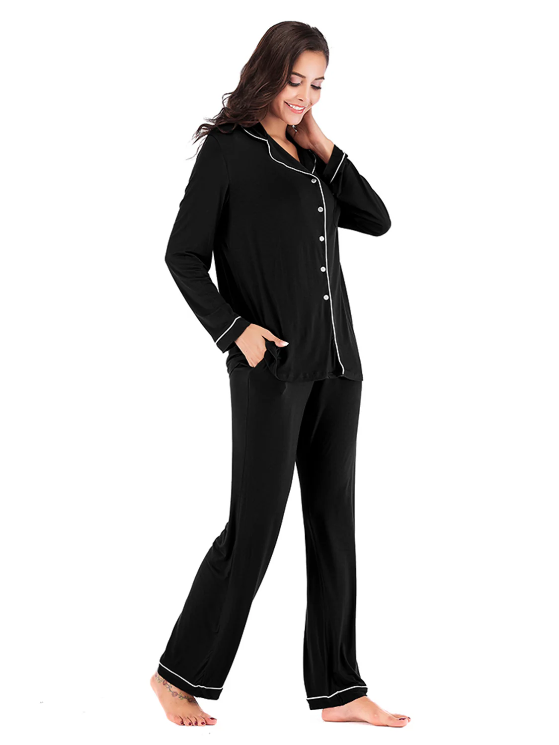 Collared Neck Long Sleeve Loungewear Set with Pockets - Image 14