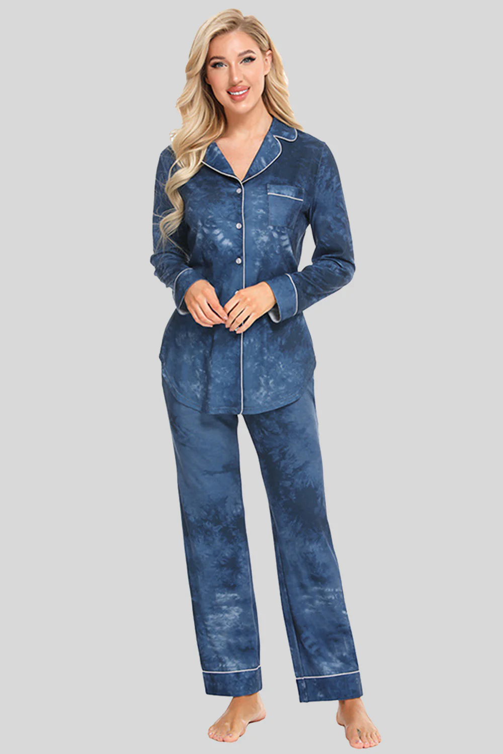 Collared Neck Long Sleeve Loungewear Set with Pockets - Image 25
