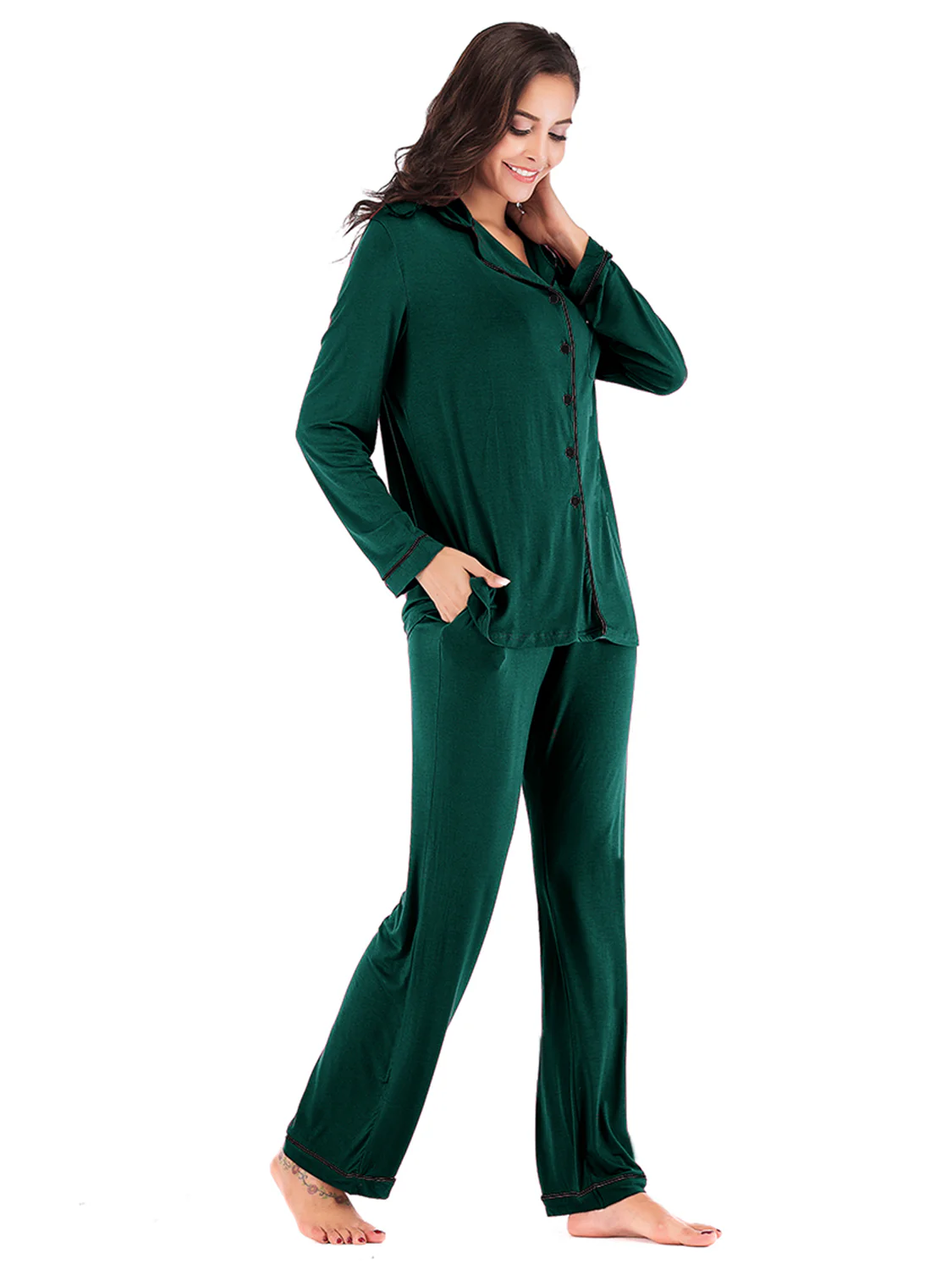 Collared Neck Long Sleeve Loungewear Set with Pockets - Image 5