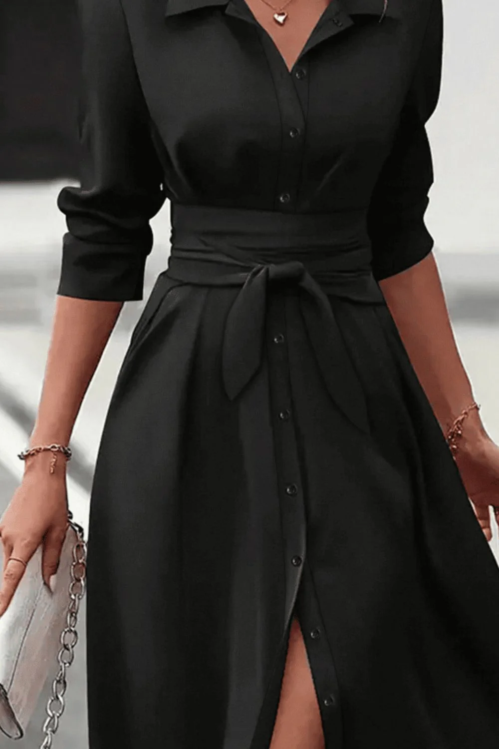 Collared Neck Long Sleeve Midi Shirt Dress - Image 2