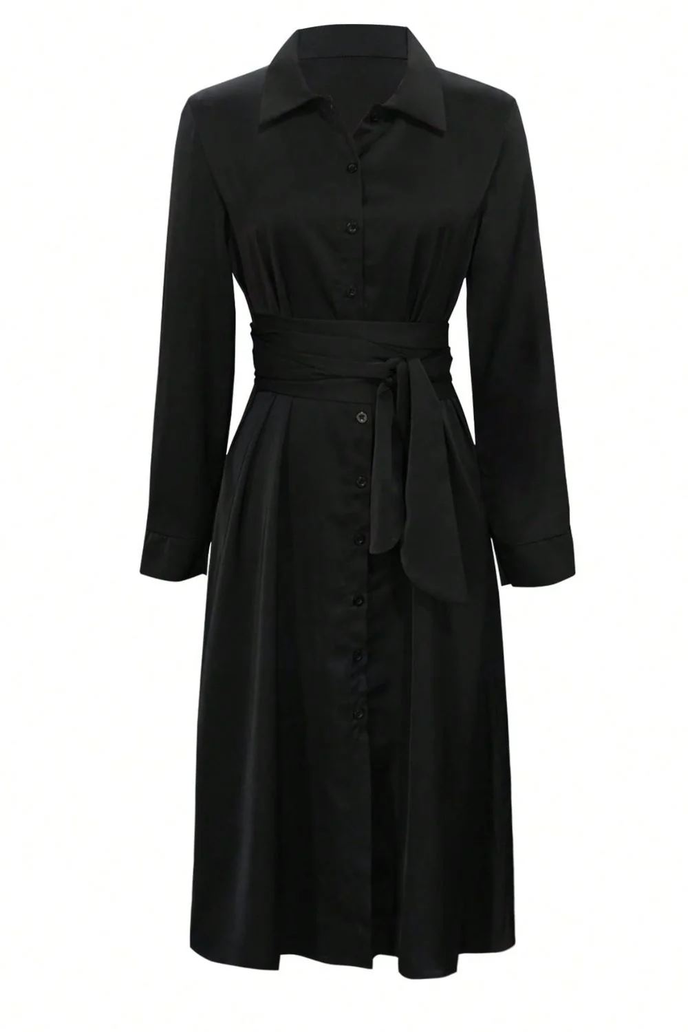 Collared Neck Long Sleeve Midi Shirt Dress - Image 3