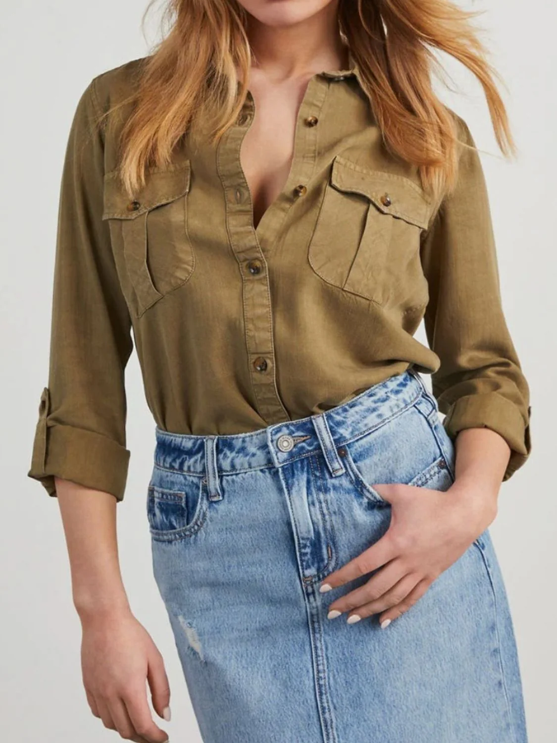 Collared Neck Roll-Tab Sleeve Denim Top - Image 7