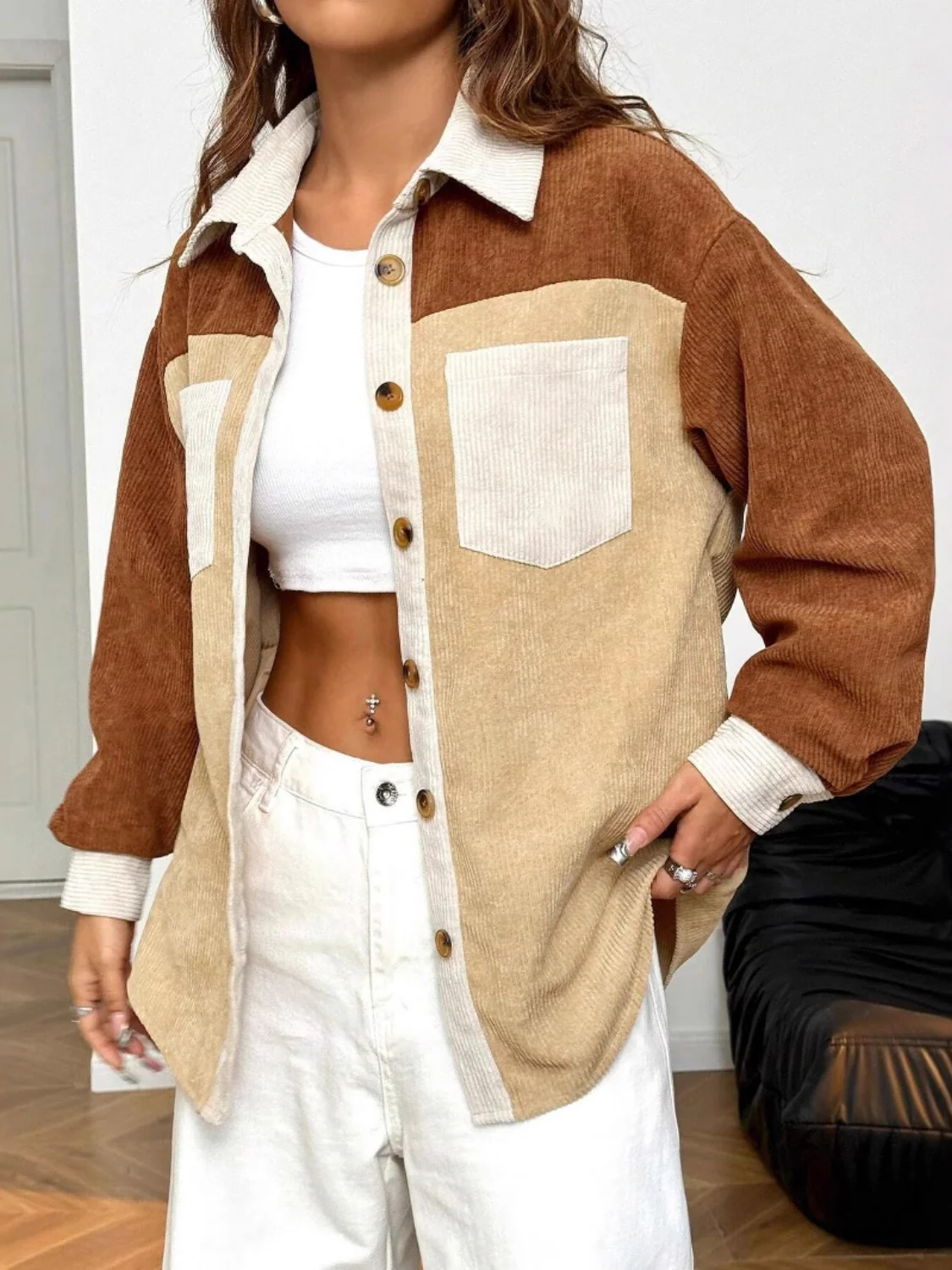 Color Block Collared Neck Long Sleeve Shirt - Image 3