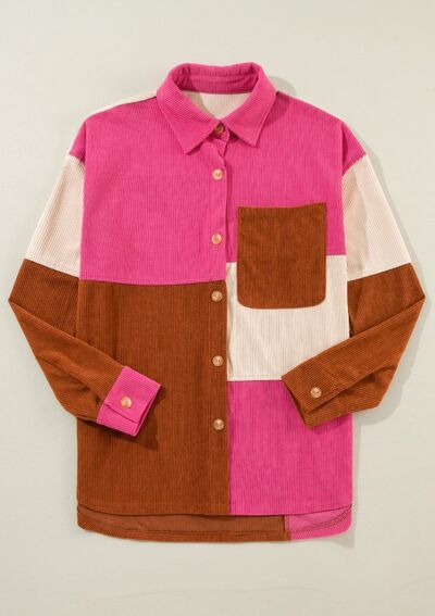 Color Block Curved Hem Corduroy Shacket with Pocket - Image 4