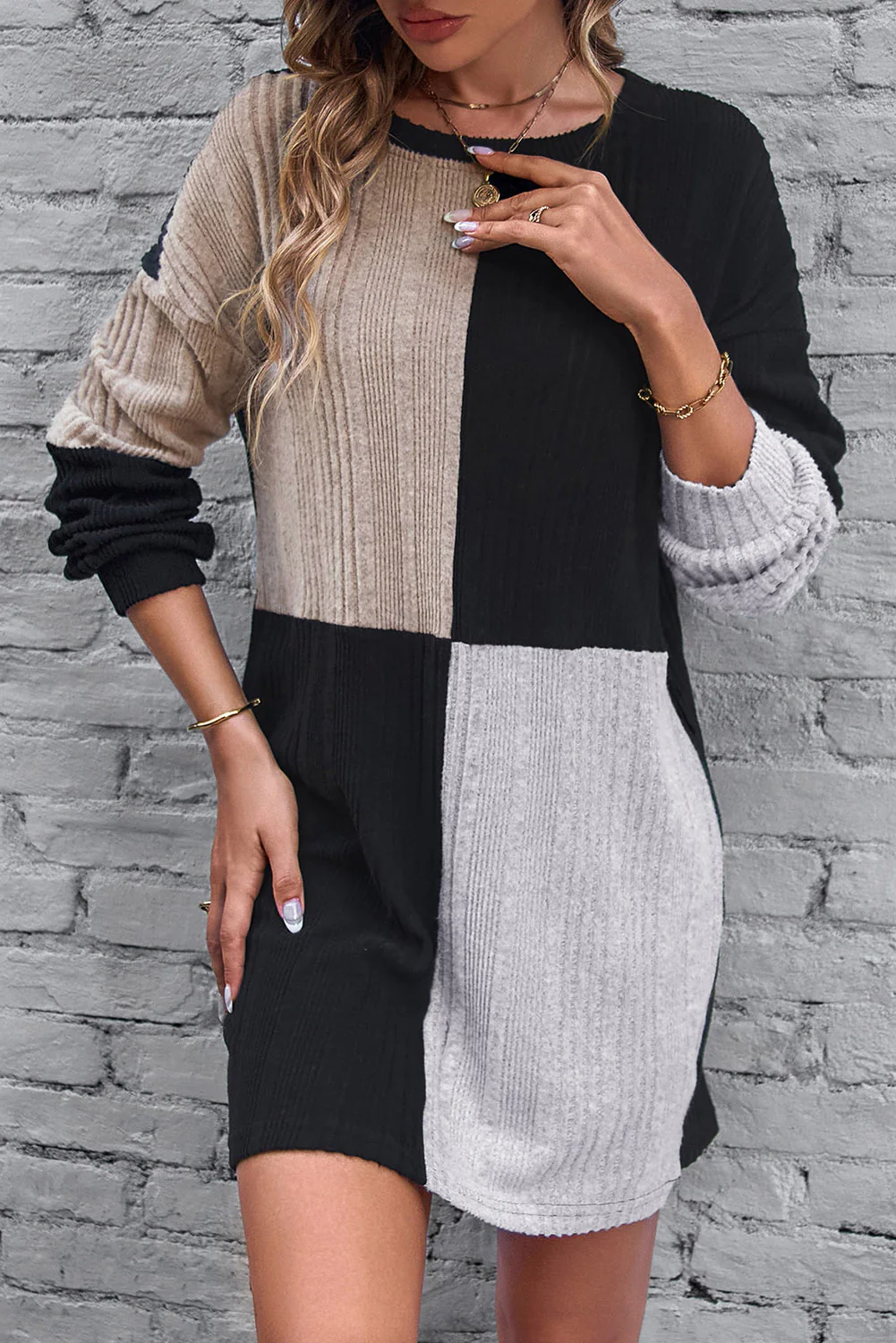Color Block Drop Shoulder Long Sleeve Mini Dress - Image 3