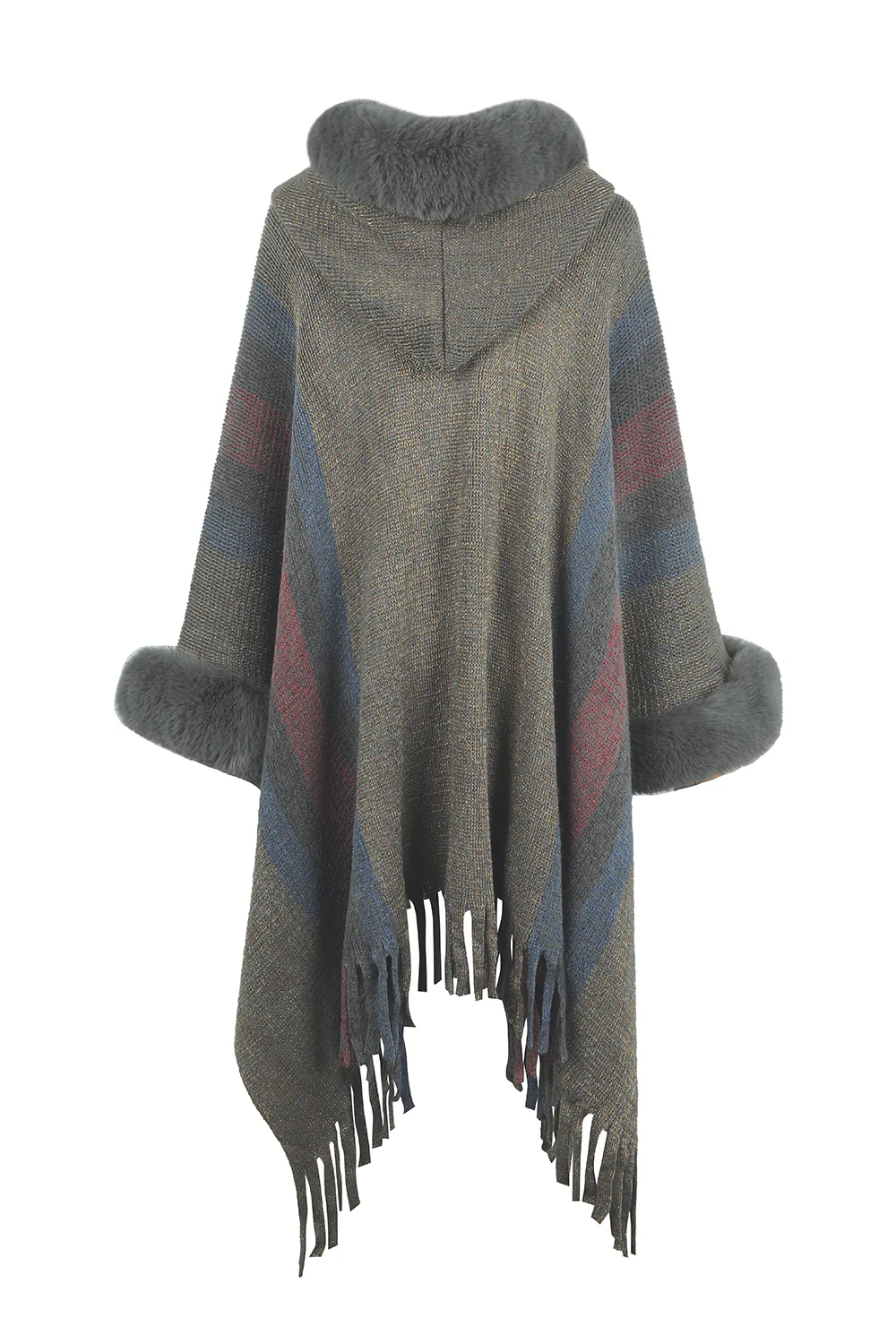 Color Block Fringe Detail Poncho - Image 10